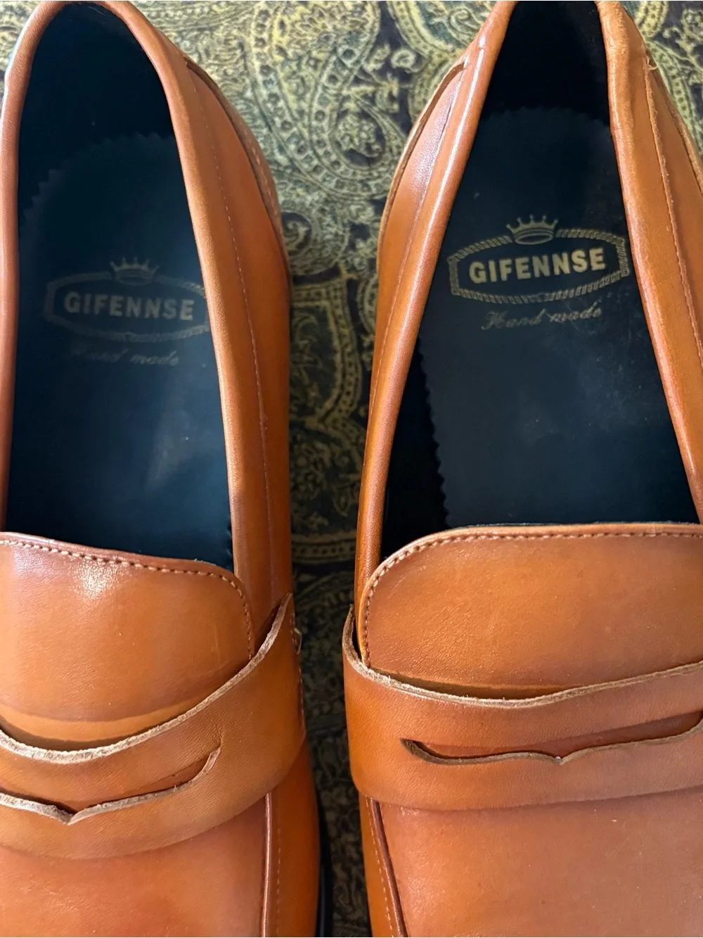 GIFENNSE Men's Cognac Leather Penny Loafers Italian hand made 11 1/2